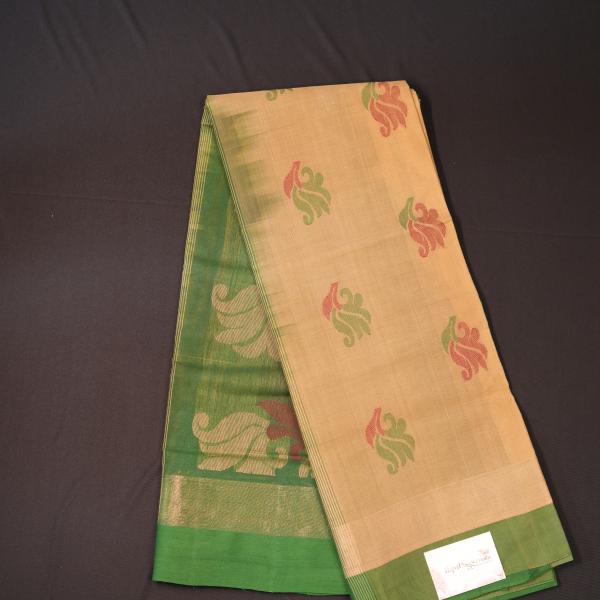 Handwoven Beige and Green Cotton Saree