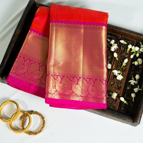 Kanchipuram Silk Saffron Pink with Checks