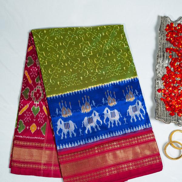 Pochampally Green, Blue and Pink Bordered Saree