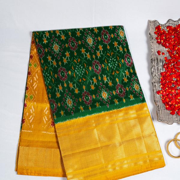 Pochampally Parrot Green and Yellow Border Saree