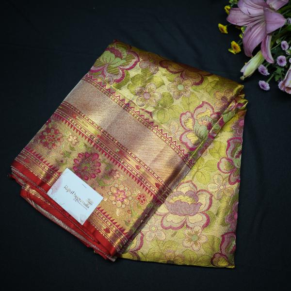 Kanchipuram Silk Green Gold Tissue Floral Brocade with Meenakari border