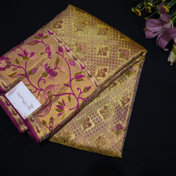 Kanchipuram Silk Gold Tissue Brocade Saree with Meenakari Border