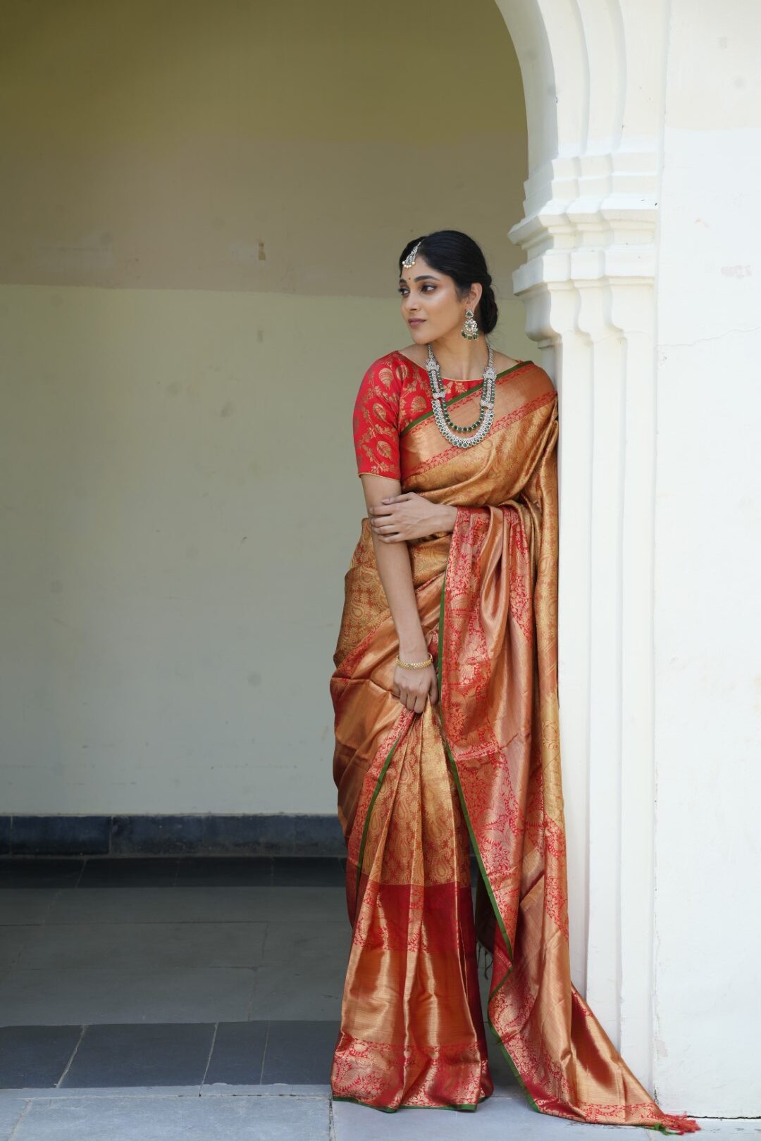 Woman wearing a traditional silk saree from Rajivi Daggumalla